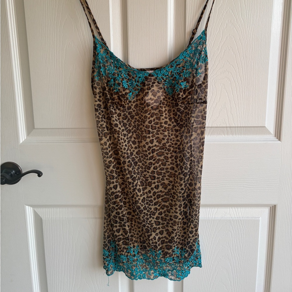 Victoria’s Secret VINTAGE Leopard Print Slip Dress with Teal Lace Trim